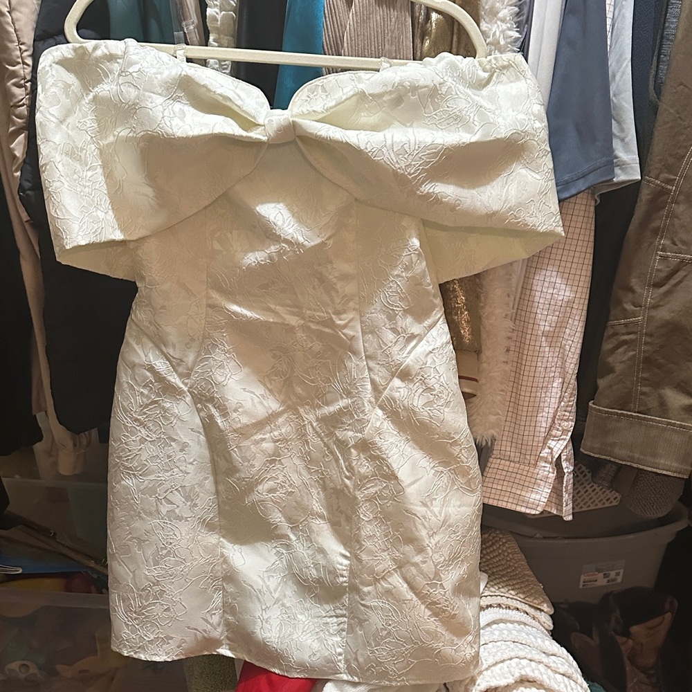 Trendy Boutique Off-Shoulder Cream Mini Dress